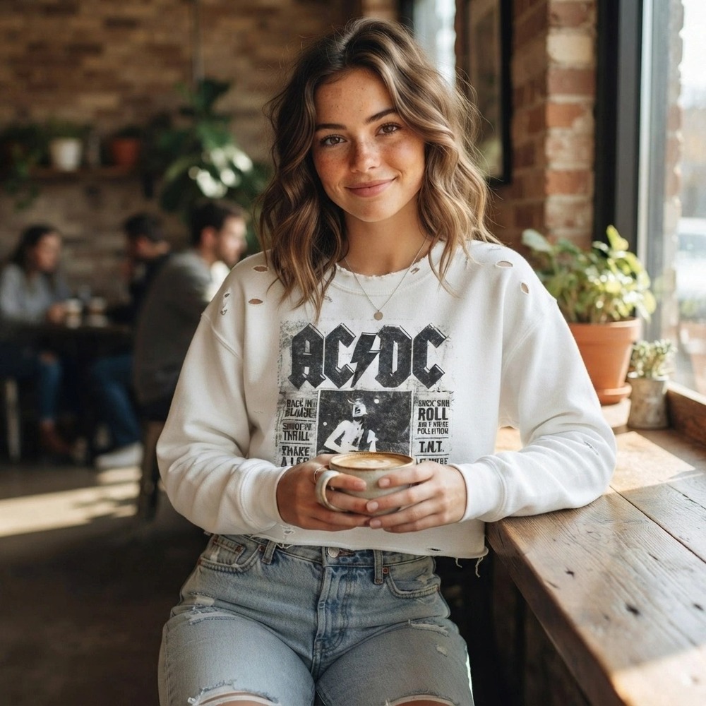 AC/DC Distressed Cropped Sweatshirt Women S White Angus Young Raw Hem 2019